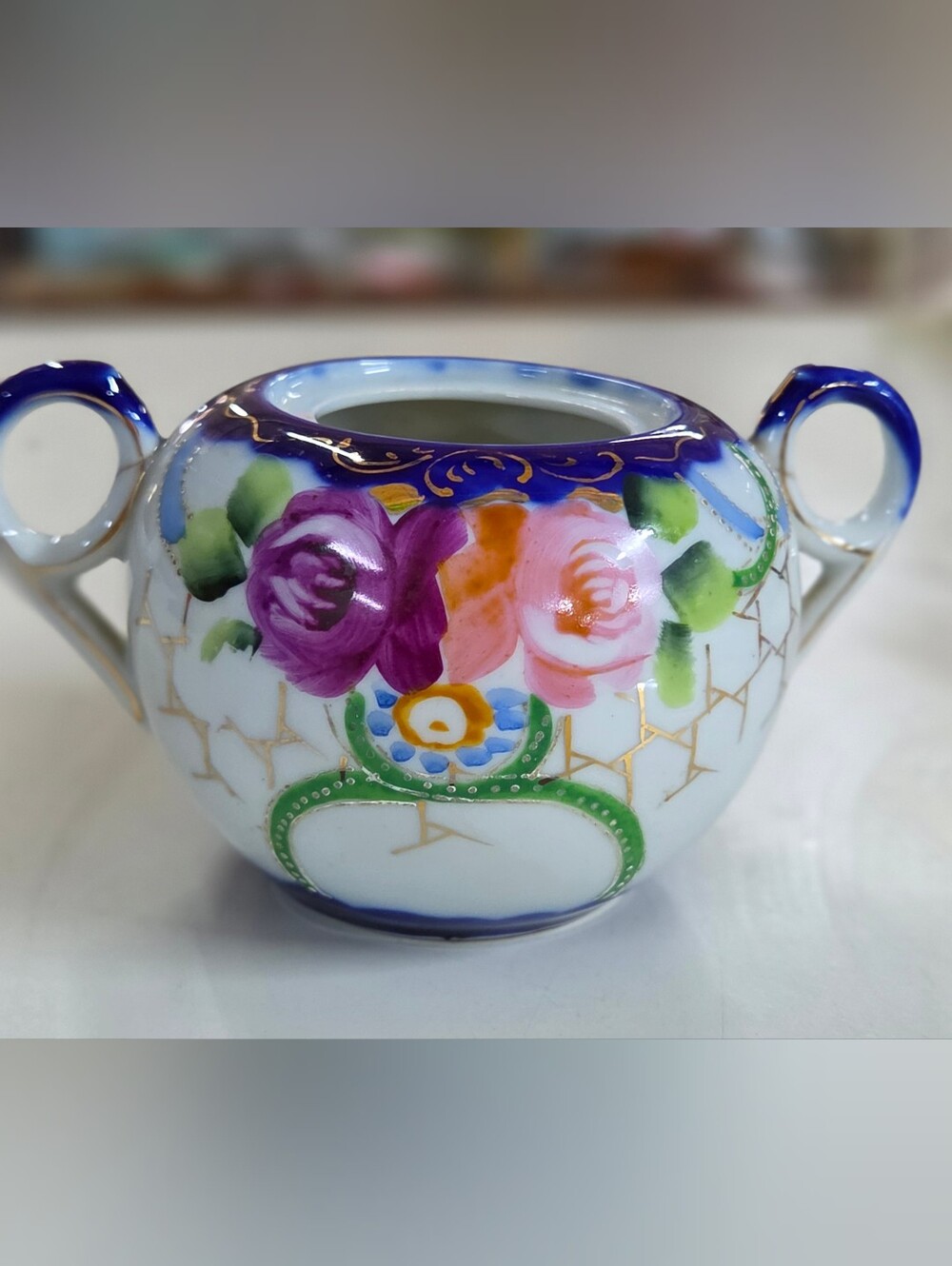 Pre-WWII Tashiro Shoten Hand Painted Japan Porcelain Sugar Bowl Cobalt Rose